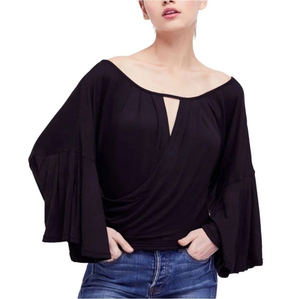 Free People medium black crop top with bell sleeves and key hole in front